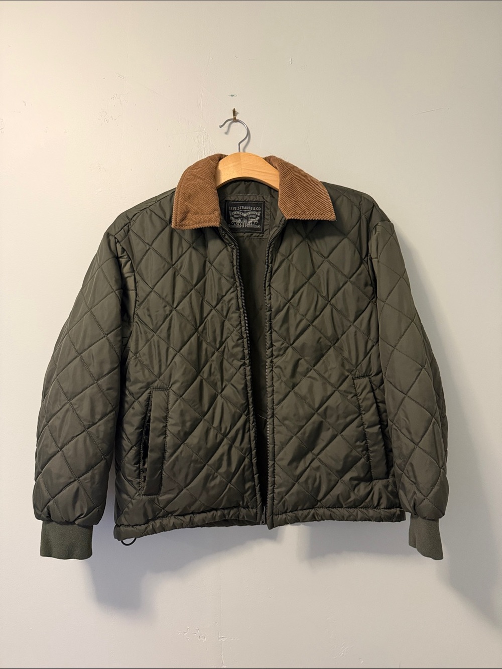 Levi's Quilted Olive Jacket with Brown Corduroy Collar | Size XS